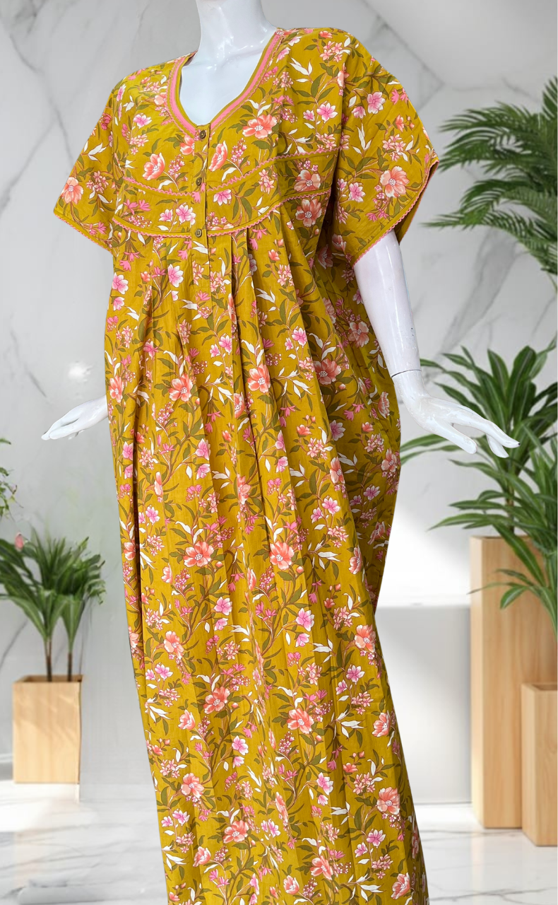 Yellow Garden Pure Cotton Nighty. Pure Durable Cotton | Laces and Frills