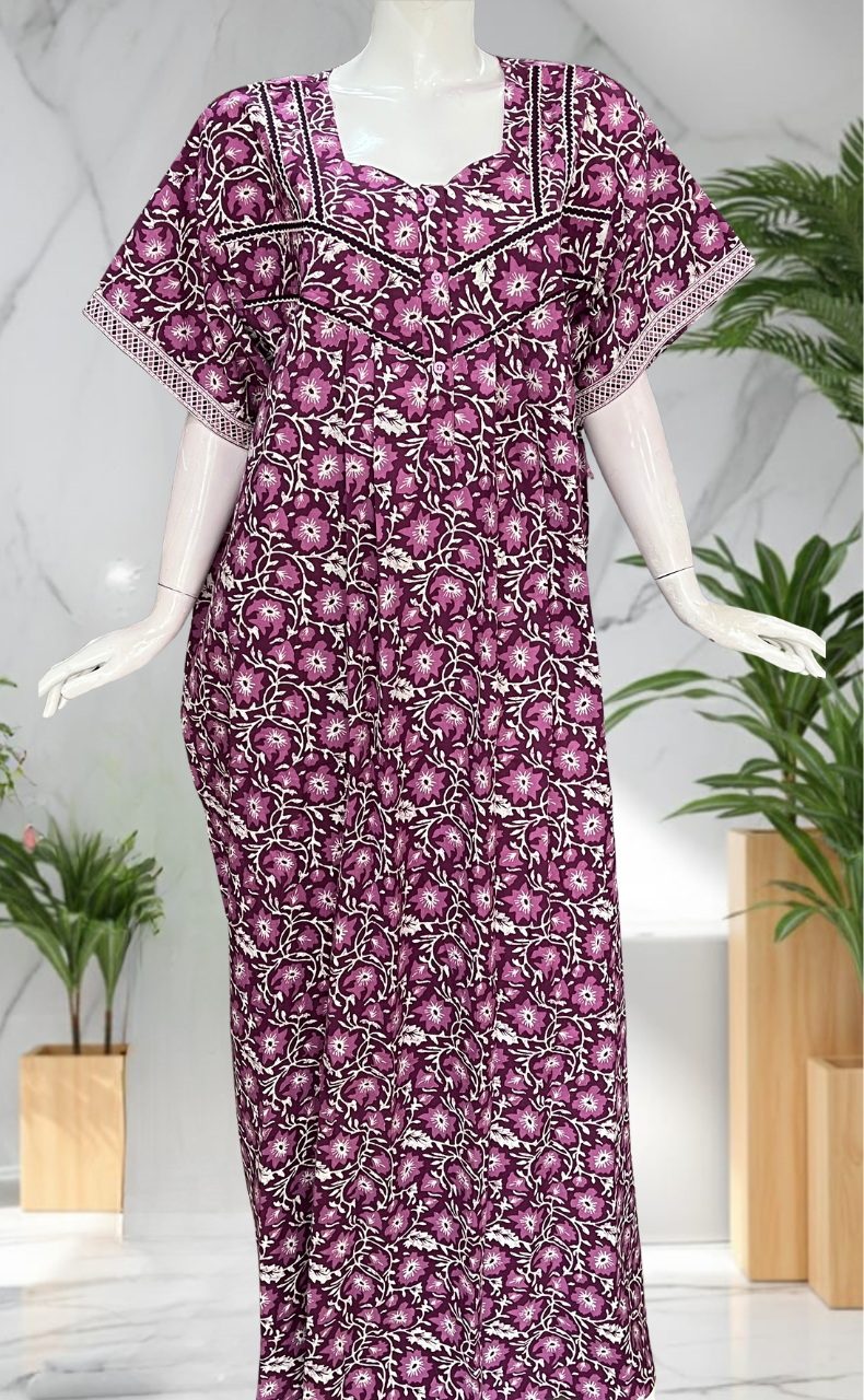 Purple Floral Pure Cotton Nighty. Pure Durable Cotton | Laces and Frills