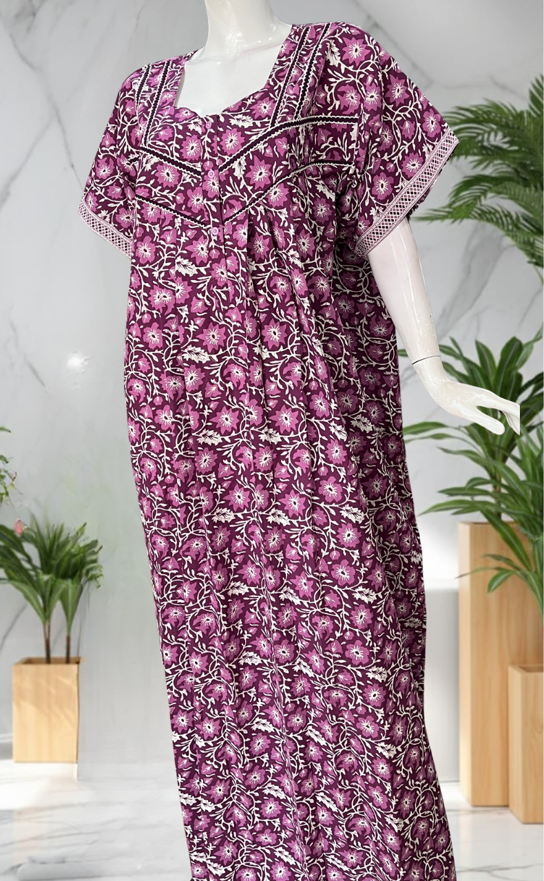 Purple Floral Pure Cotton Nighty. Pure Durable Cotton | Laces and Frills