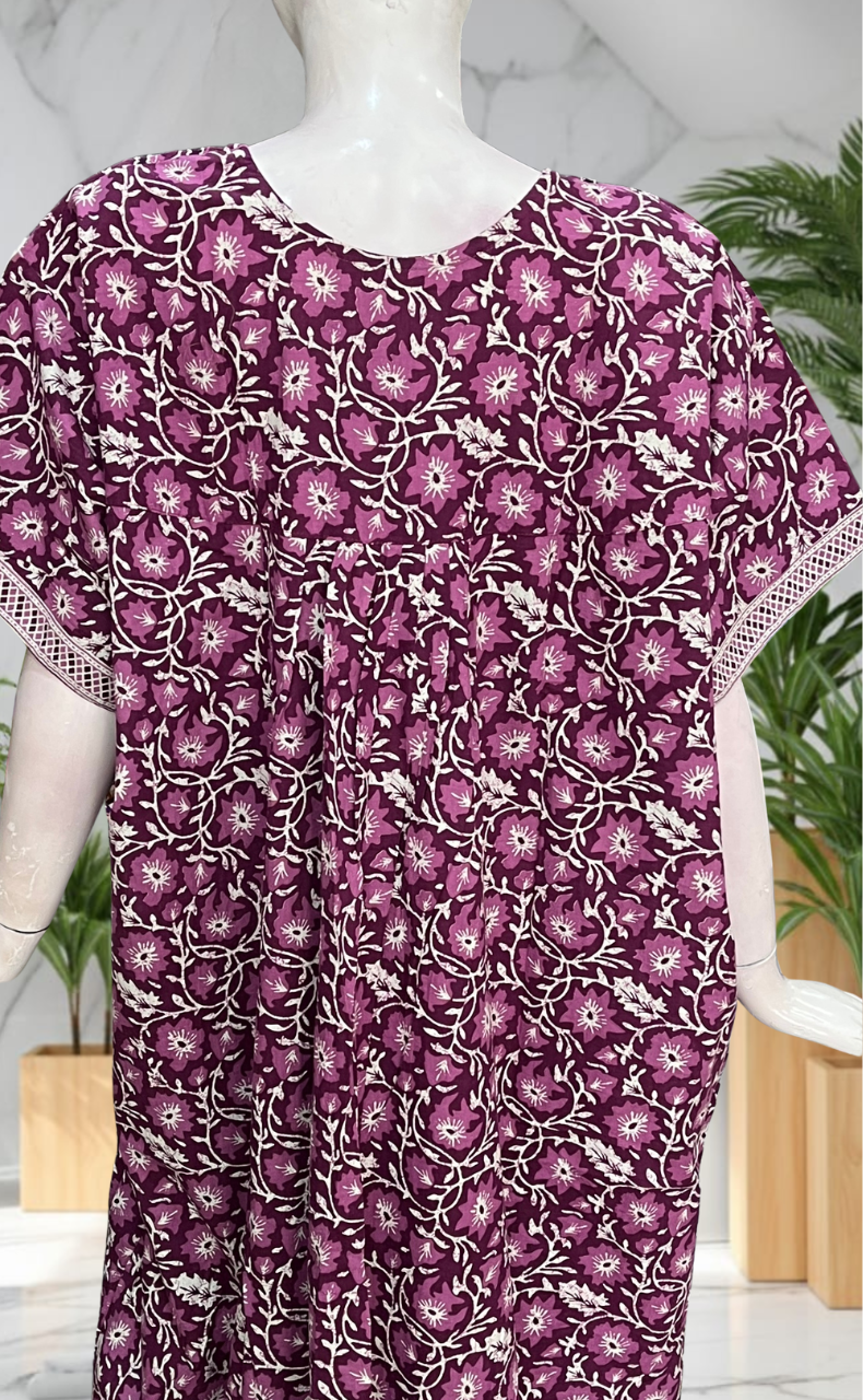 Purple Floral Pure Cotton Nighty. Pure Durable Cotton | Laces and Frills