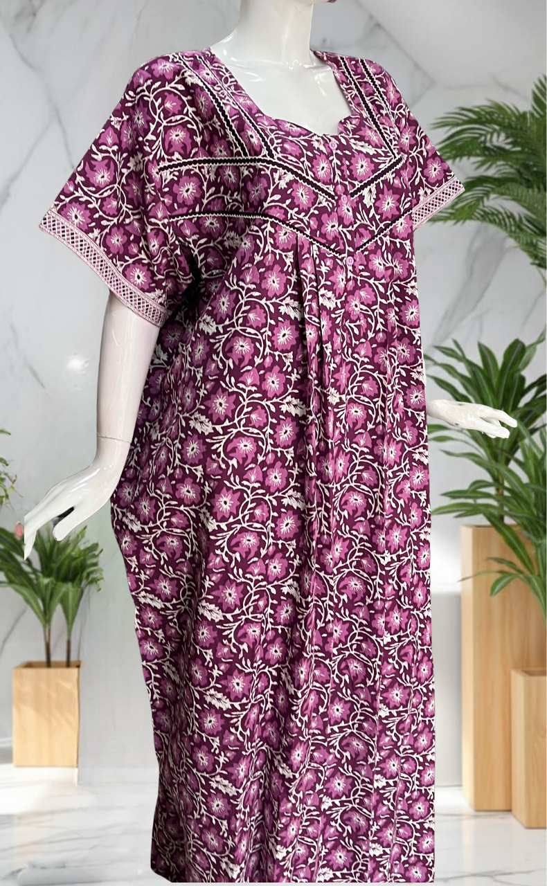Purple Floral Pure Cotton Nighty. Pure Durable Cotton | Laces and Frills