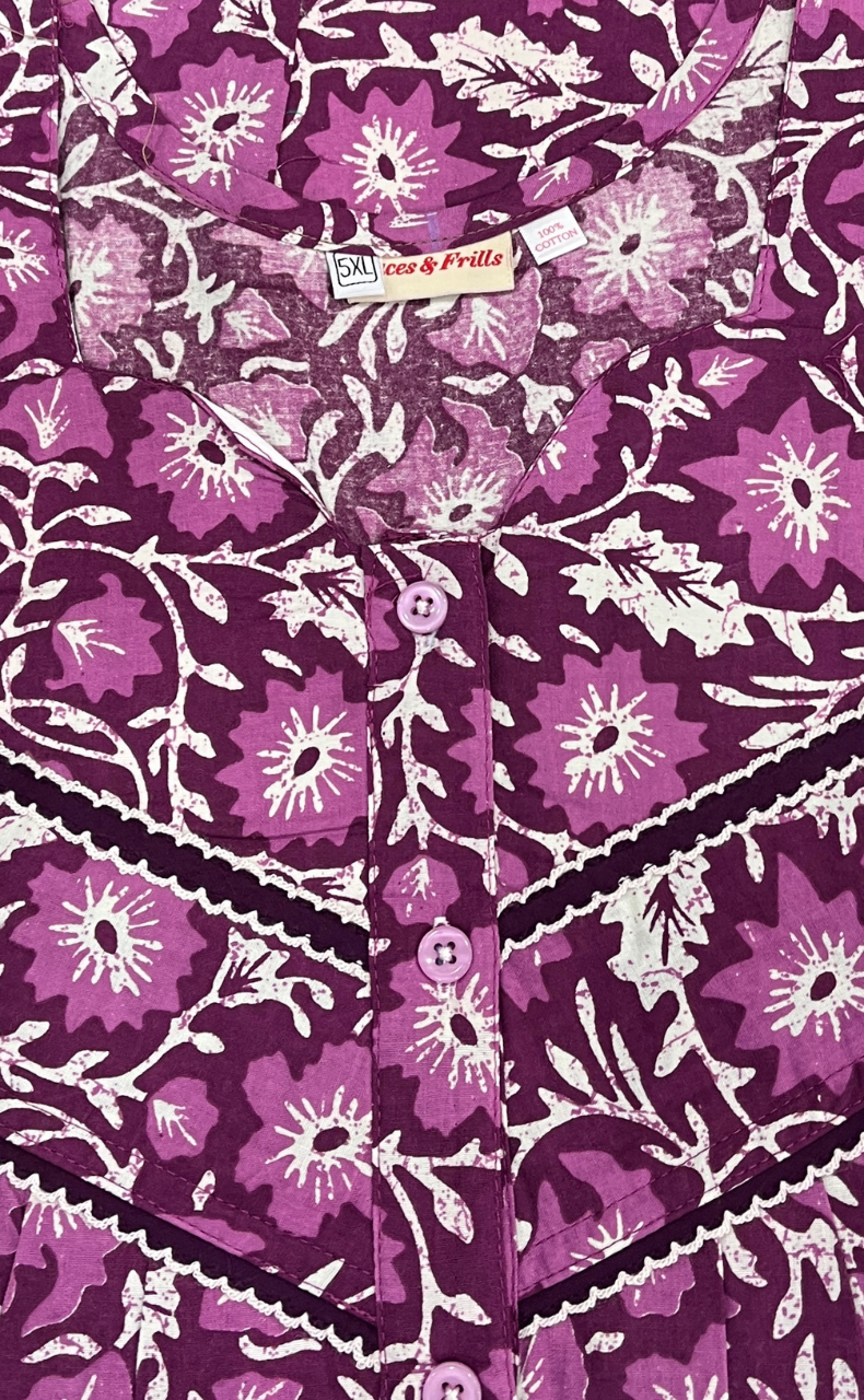 Purple Floral Pure Cotton Nighty. Pure Durable Cotton | Laces and Frills