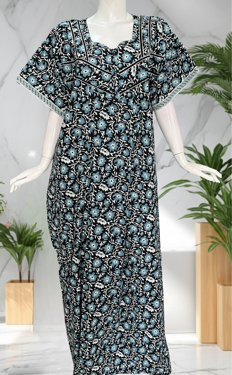 Black Floral Pure Cotton Nighty. Pure Durable Cotton | Laces and Frills