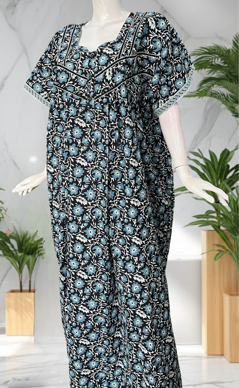 Black Floral Pure Cotton Nighty. Pure Durable Cotton | Laces and Frills