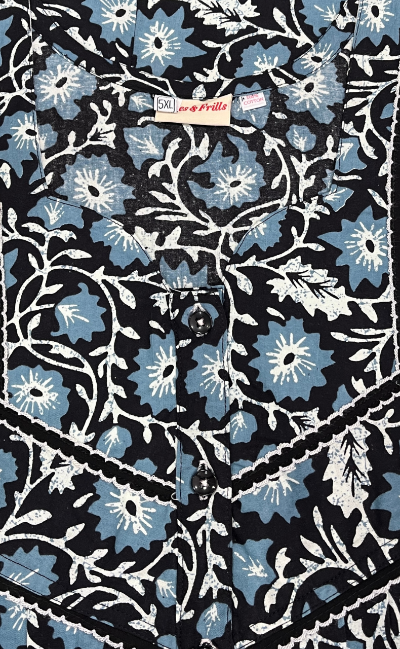 Black Floral Pure Cotton Nighty. Pure Durable Cotton | Laces and Frills