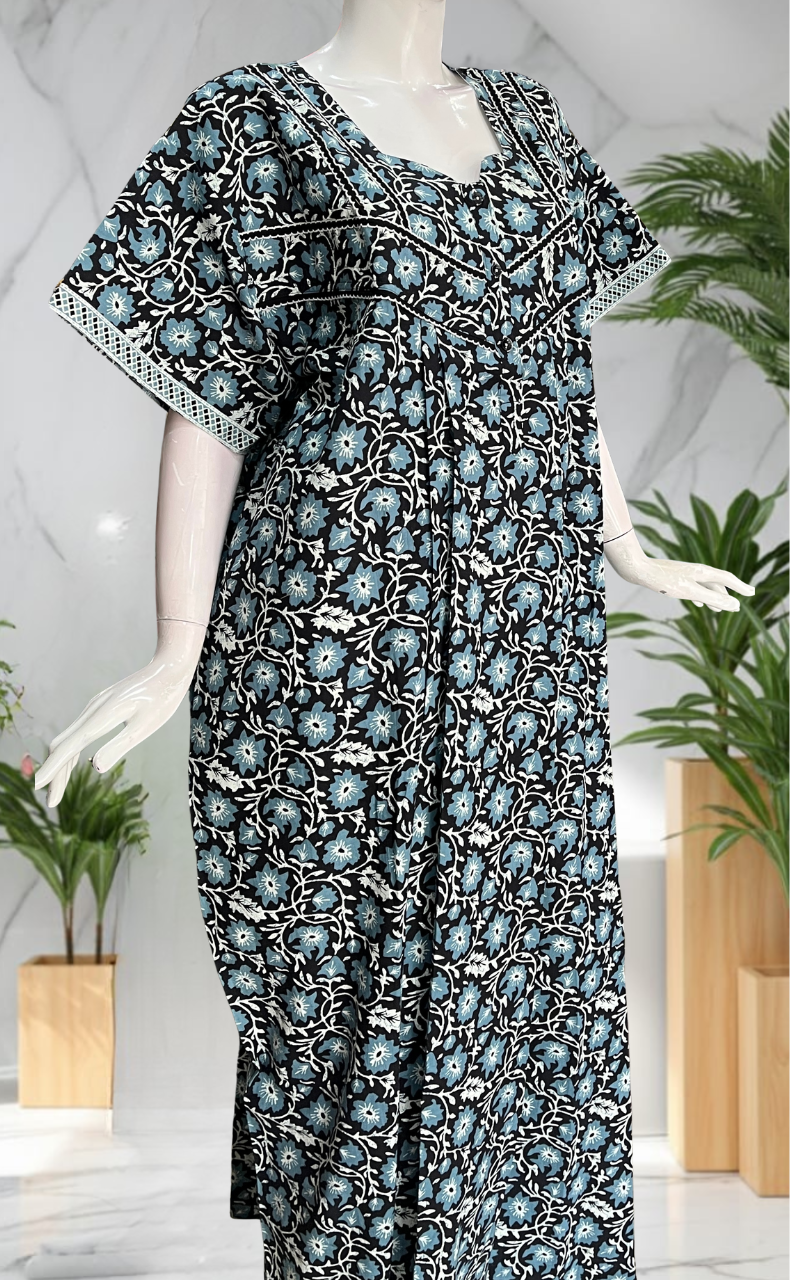 Black Floral Pure Cotton Nighty. Pure Durable Cotton | Laces and Frills