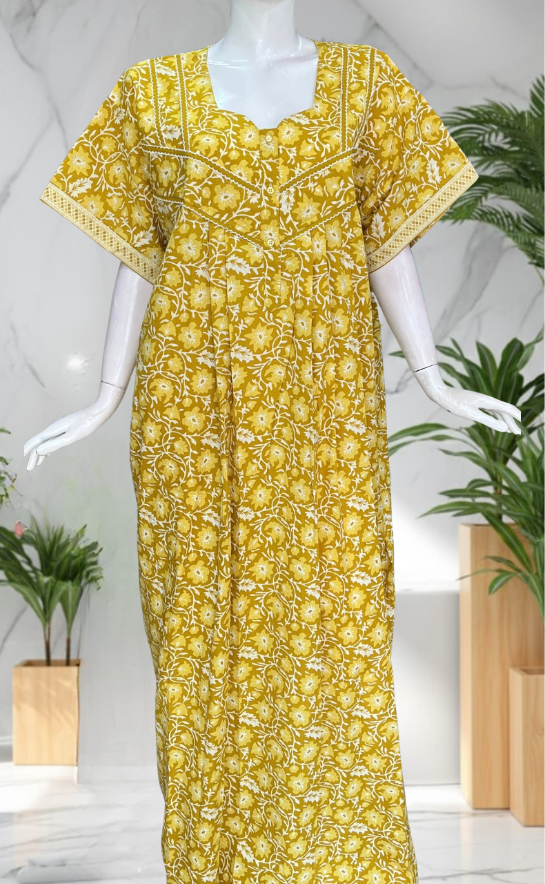 Yellow Floral Pure Cotton Nighty. Pure Durable Cotton | Laces and Frills