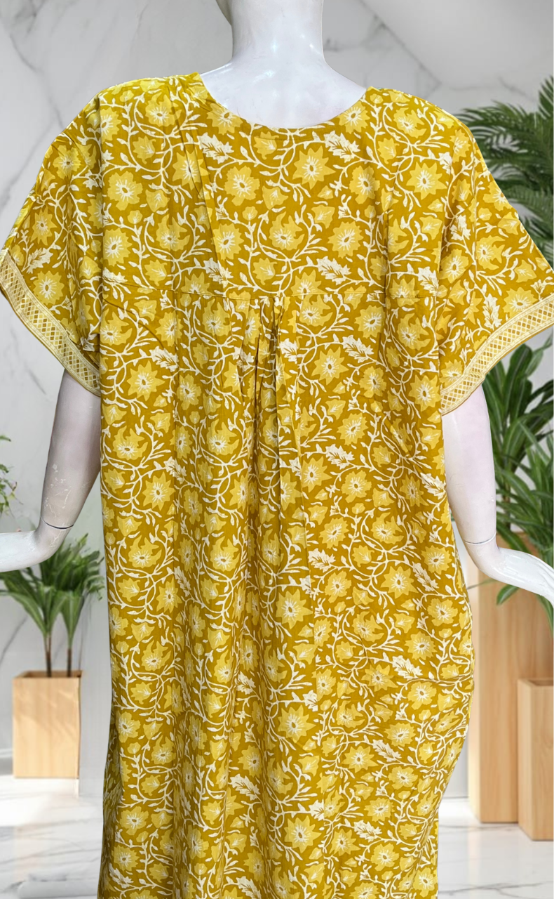 Yellow Floral Pure Cotton Nighty. Pure Durable Cotton | Laces and Frills