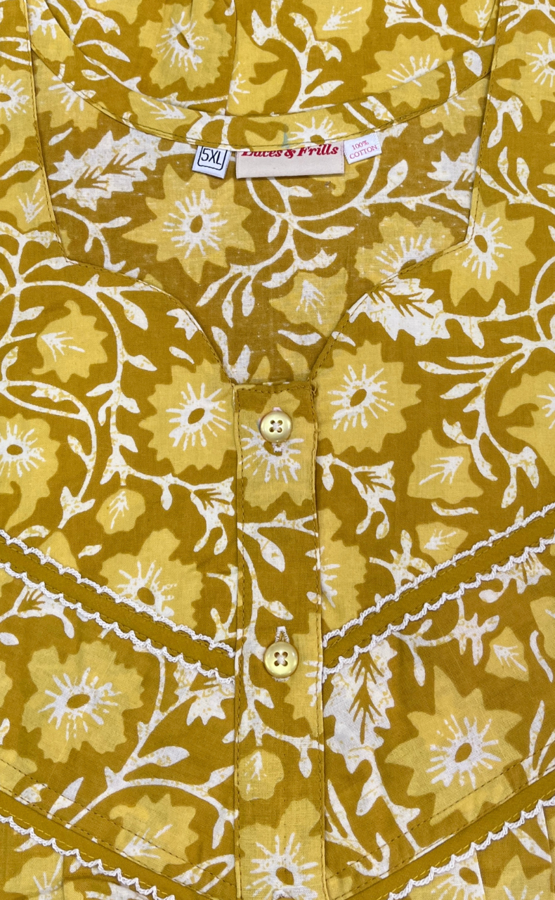 Yellow Floral Pure Cotton Nighty. Pure Durable Cotton | Laces and Frills