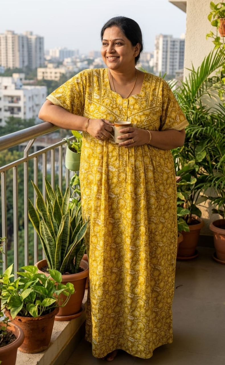 Yellow Floral Pure Cotton Nighty. Pure Durable Cotton | Laces and Frills - Laces and Frills