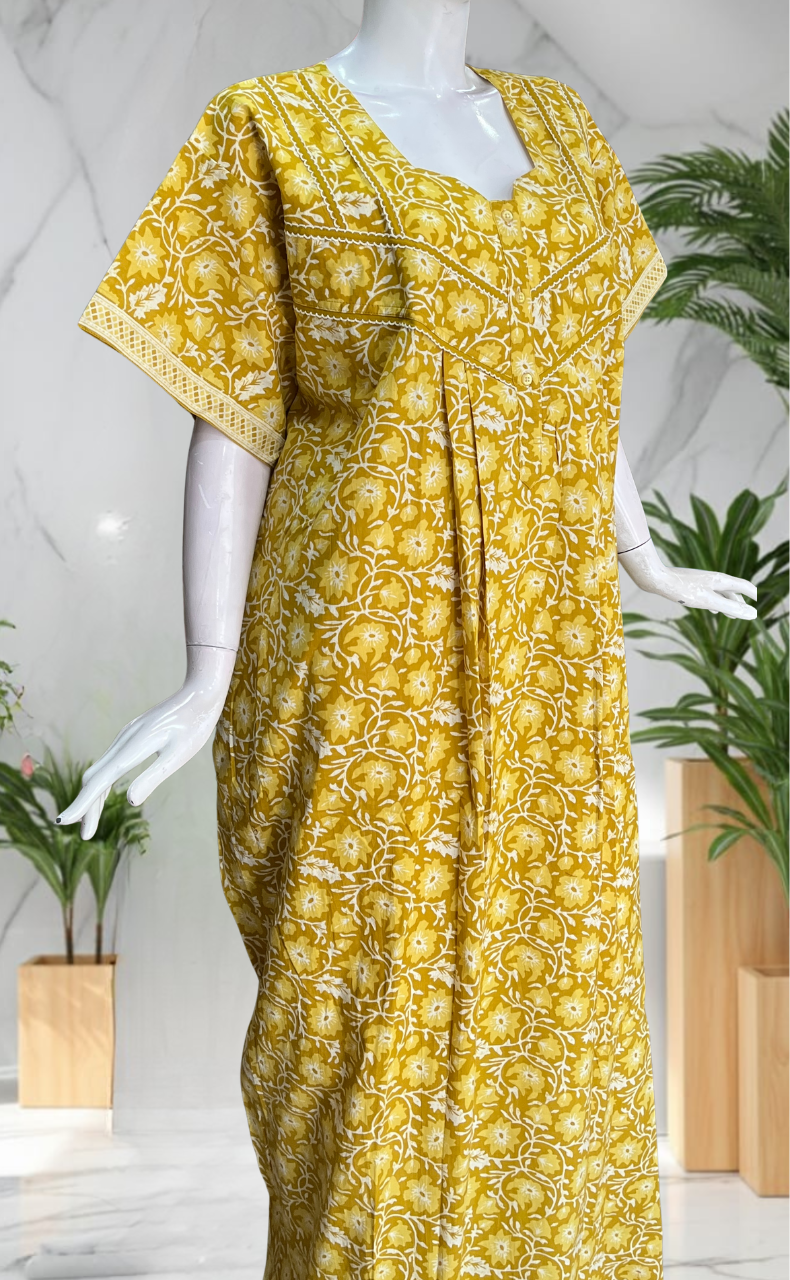 Yellow Floral Pure Cotton Nighty. Pure Durable Cotton | Laces and Frills
