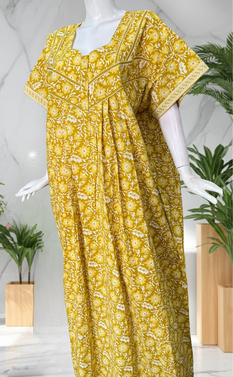 Yellow Floral Pure Cotton Nighty. Pure Durable Cotton | Laces and Frills