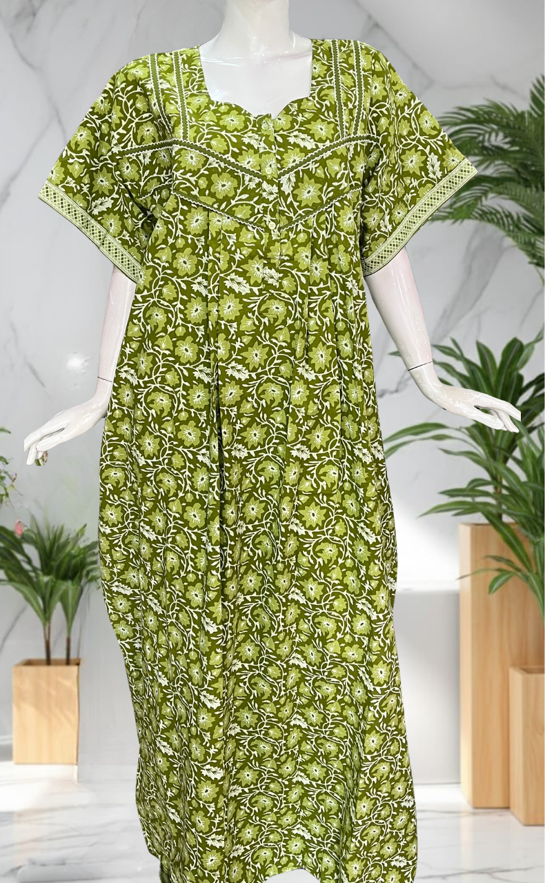 Green Floral Pure Cotton Nighty. Pure Durable Cotton | Laces and Frills
