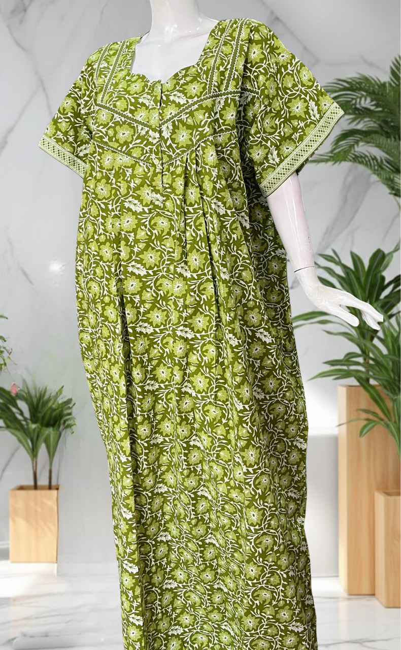 Green Floral Pure Cotton Nighty. Pure Durable Cotton | Laces and Frills