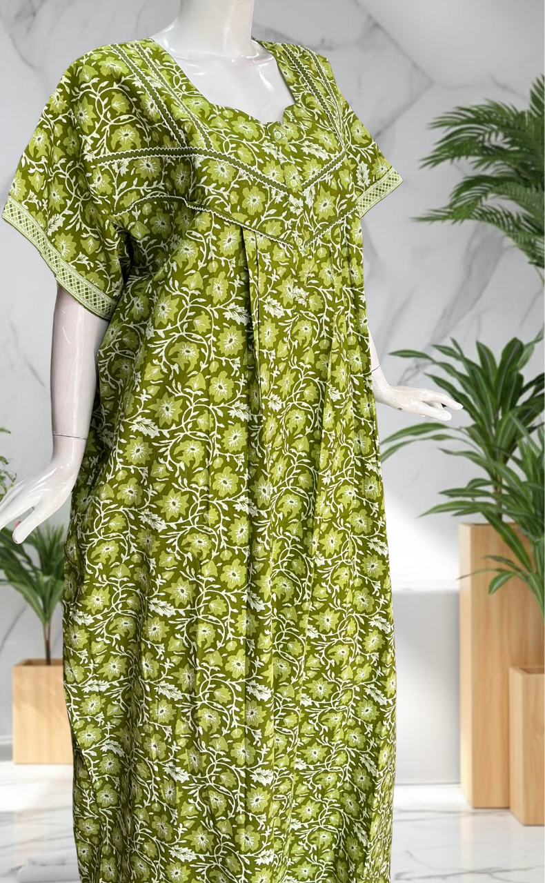 Green Floral Pure Cotton Nighty. Pure Durable Cotton | Laces and Frills
