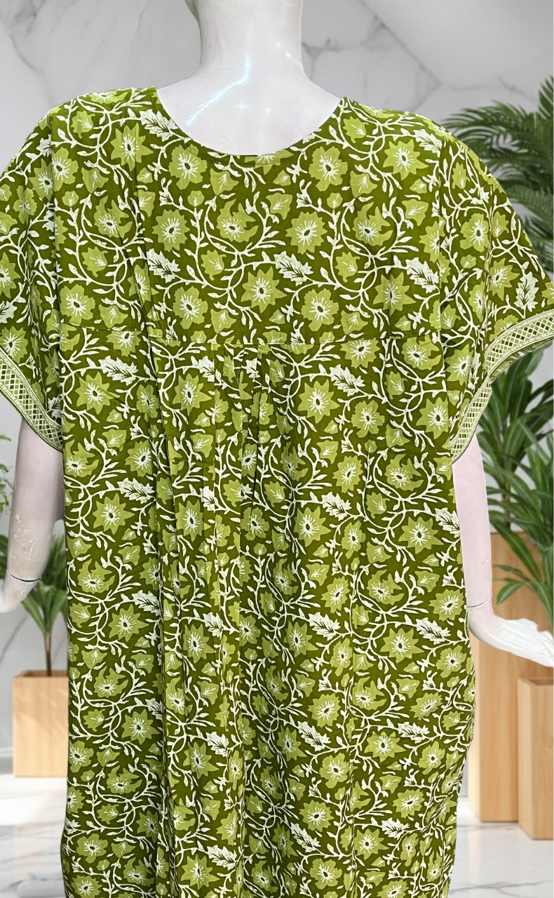 Green Floral Pure Cotton Nighty. Pure Durable Cotton | Laces and Frills