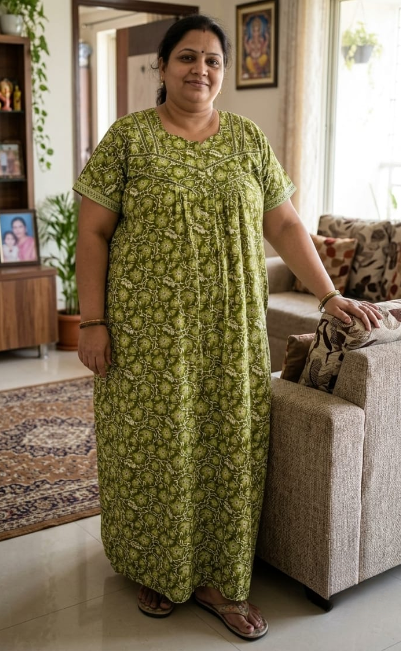 Green Floral Pure Cotton Nighty. Pure Durable Cotton | Laces and Frills - Laces and Frills