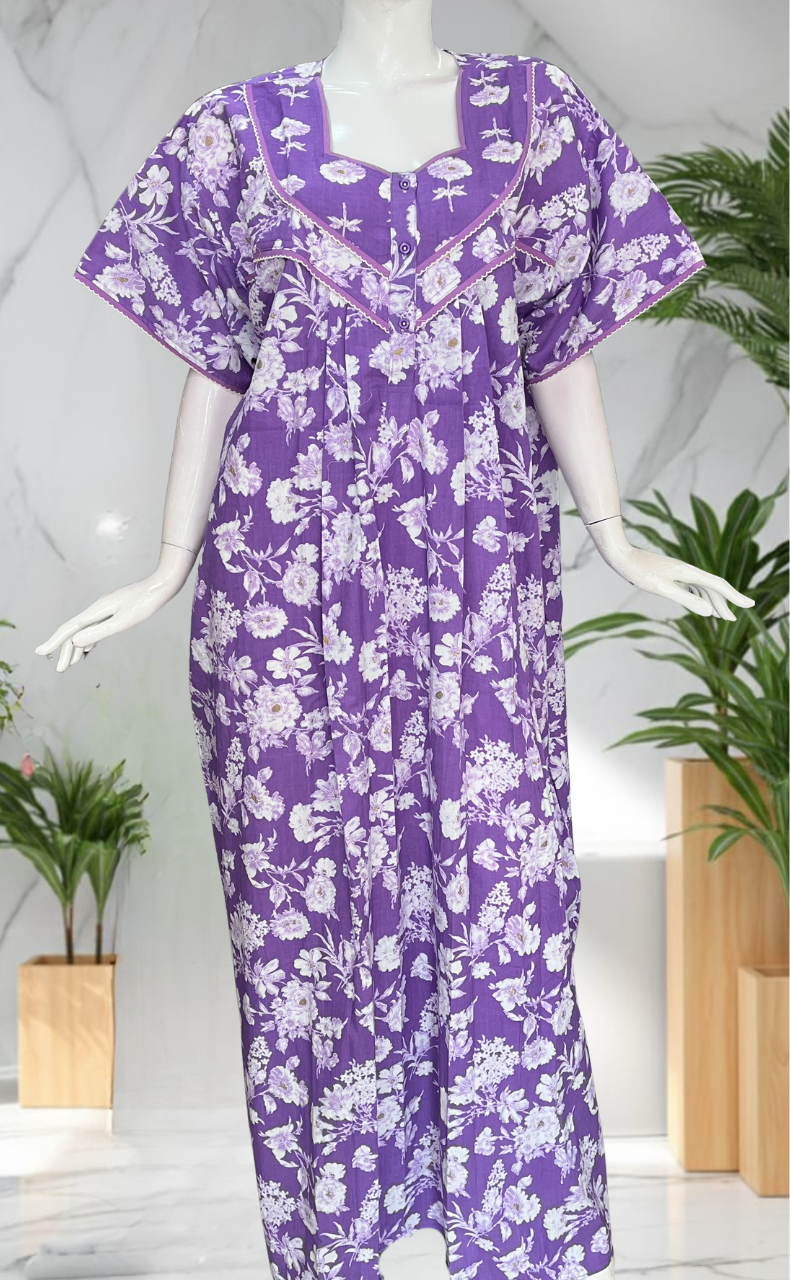 Lavender Floral Pure Cotton Nighty. Pure Durable Cotton | Laces and Frills