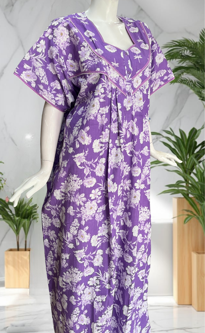 Lavender Floral Pure Cotton Nighty. Pure Durable Cotton | Laces and Frills