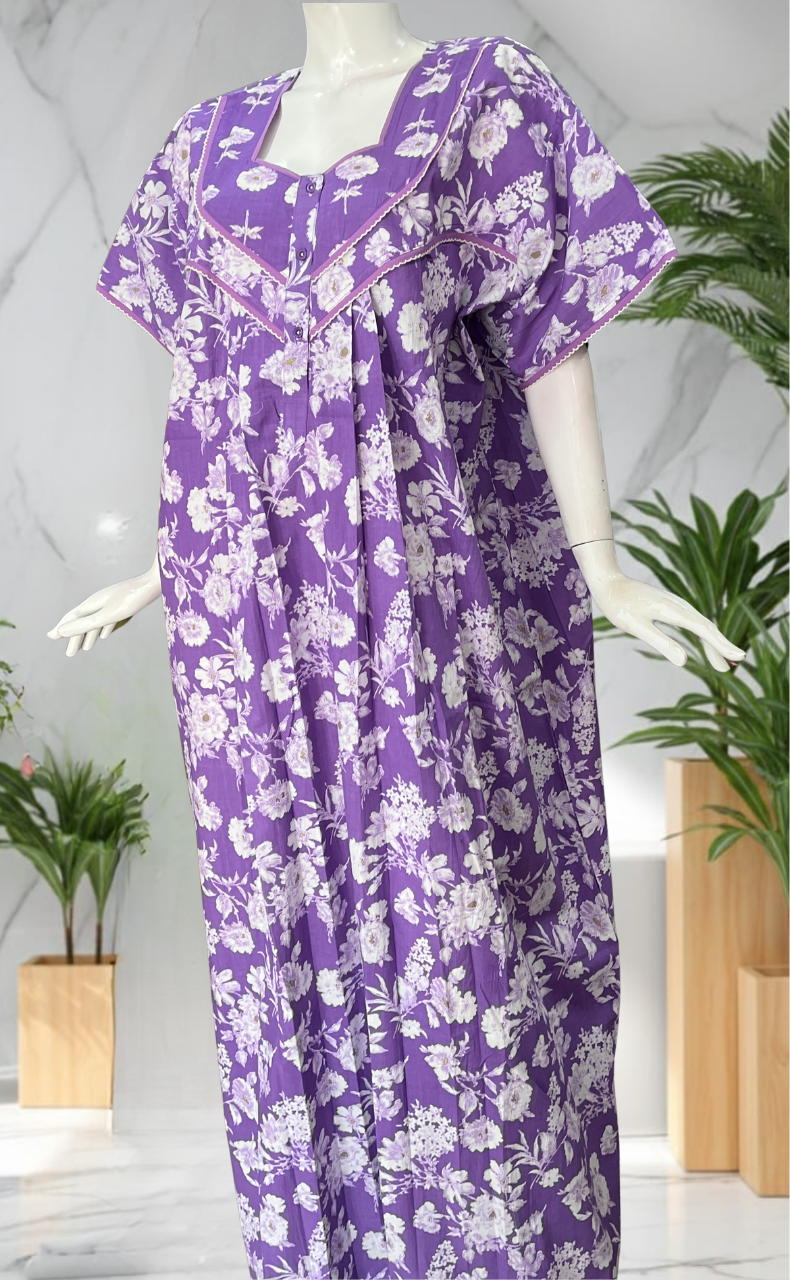 Lavender Floral Pure Cotton Nighty. Pure Durable Cotton | Laces and Frills