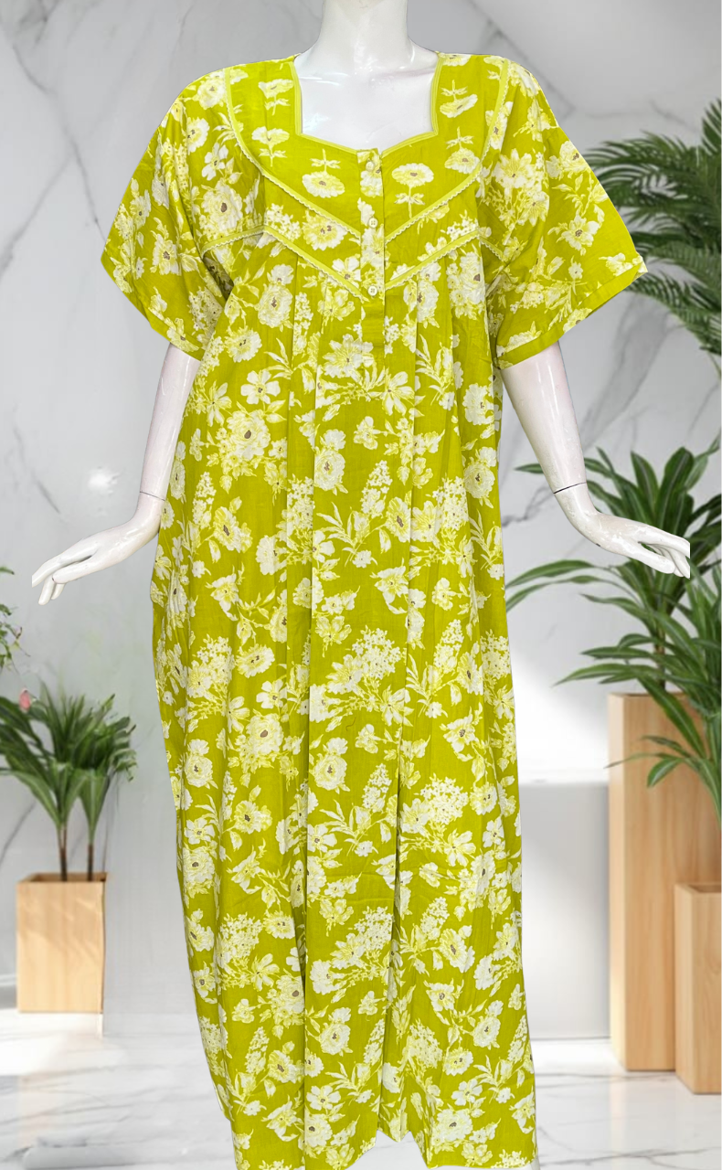 Lime Green Floral Pure Cotton Nighty. Pure Durable Cotton | Laces and Frills