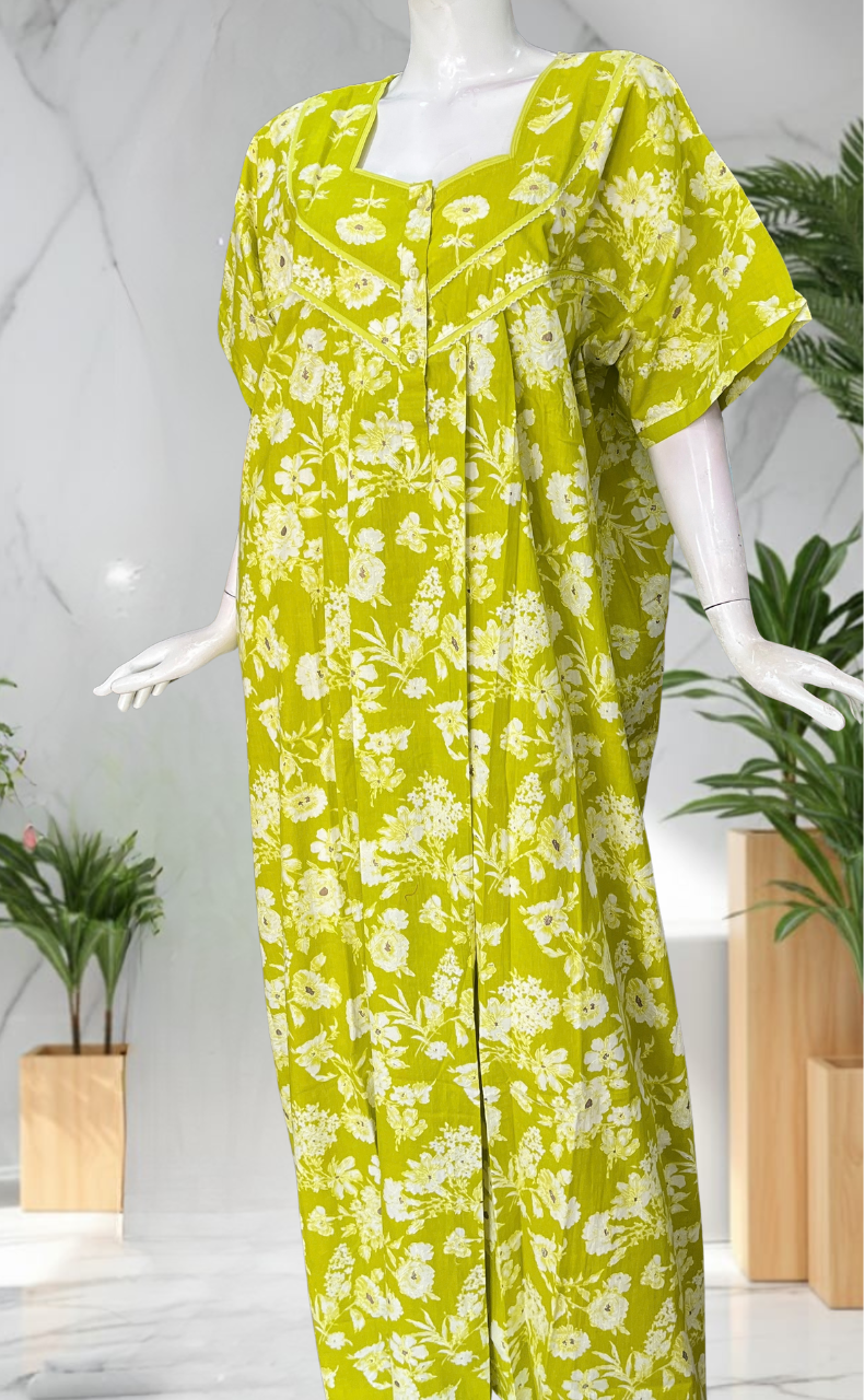 Lime Green Floral Pure Cotton Nighty. Pure Durable Cotton | Laces and Frills