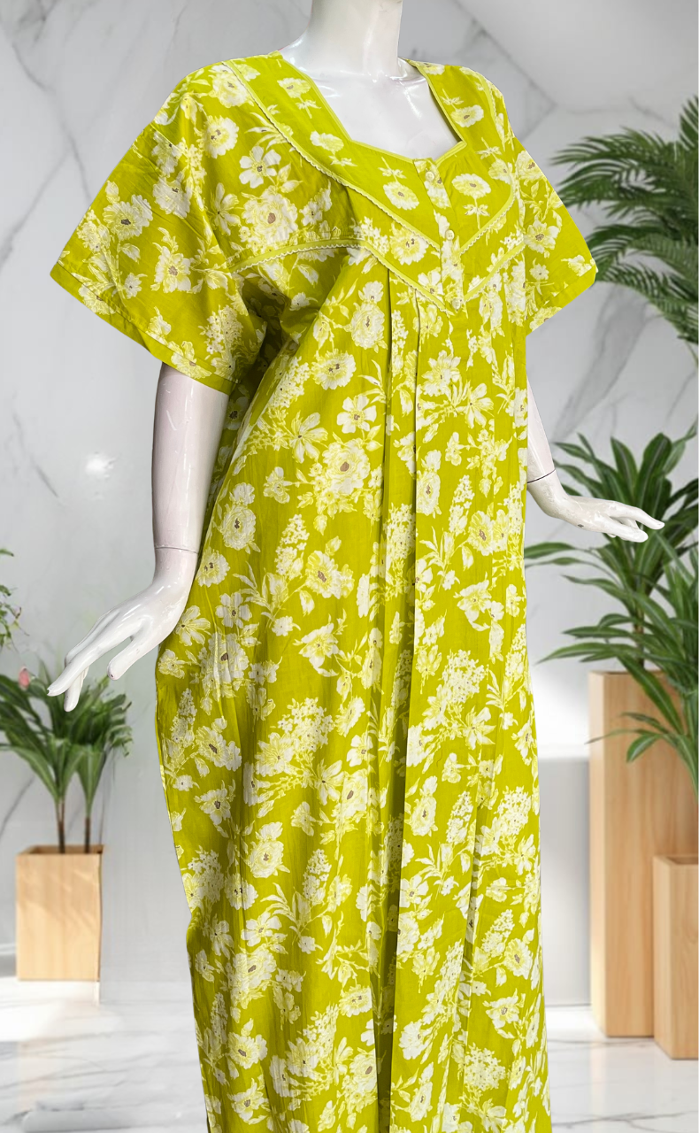 Lime Green Floral Pure Cotton Nighty. Pure Durable Cotton | Laces and Frills