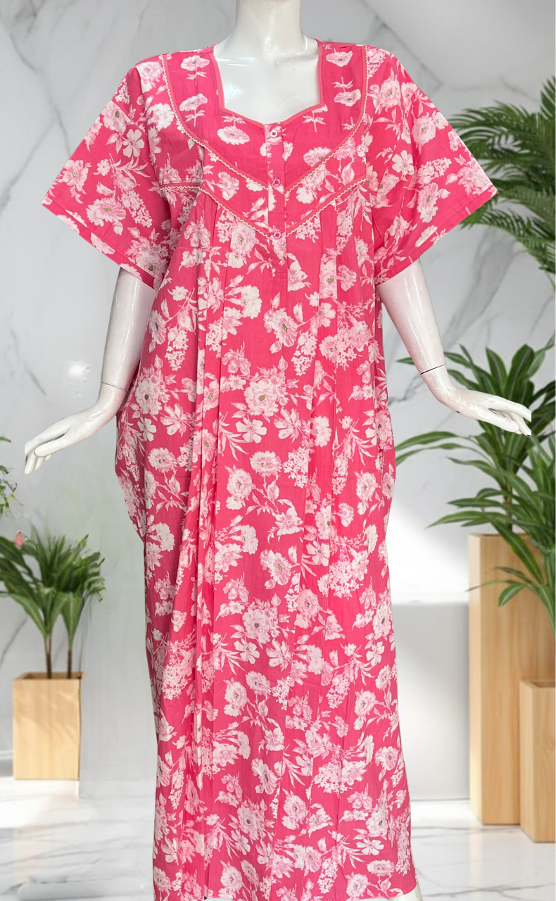 Pink Floral Pure Cotton Nighty. Pure Durable Cotton | Laces and Frills