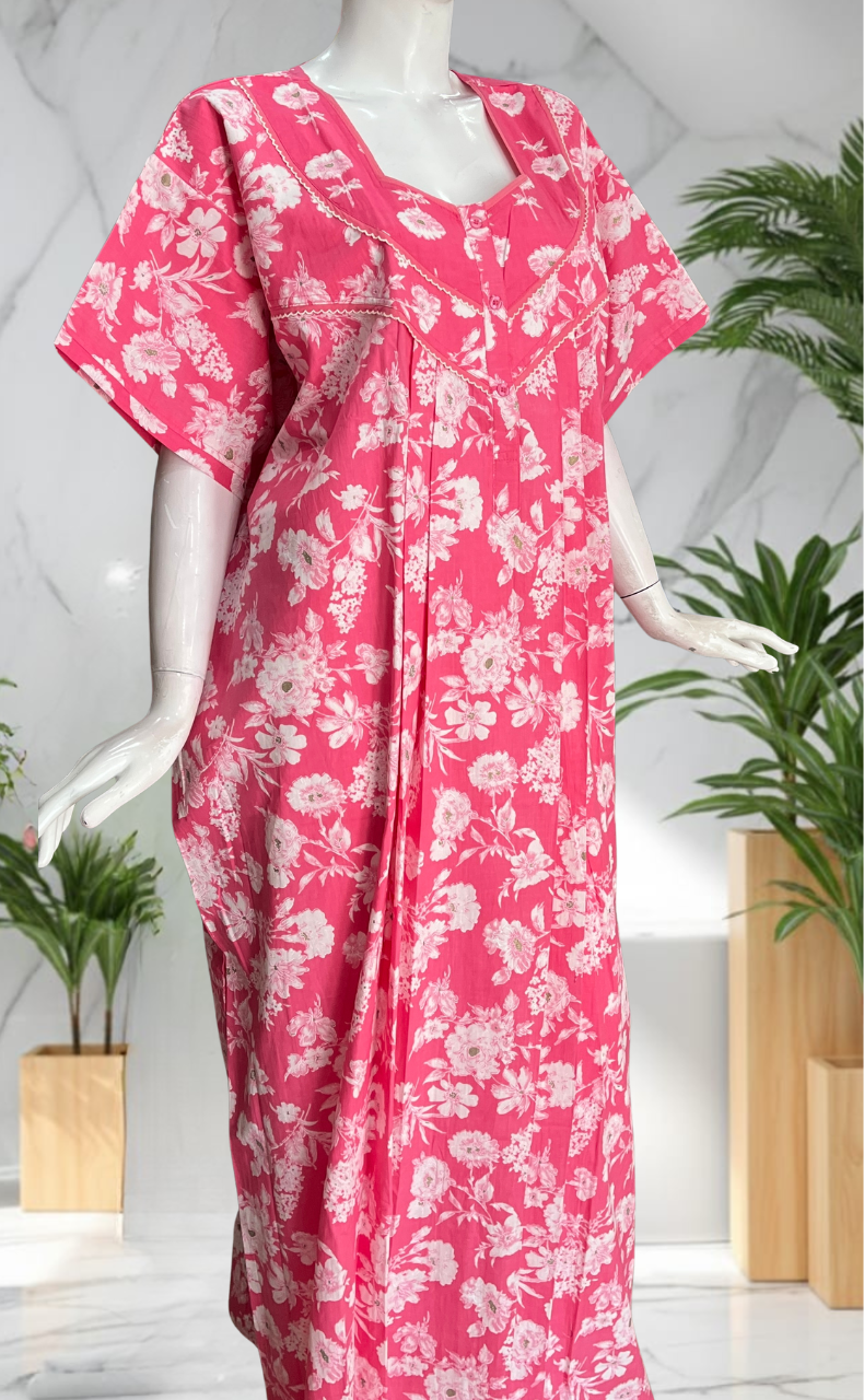 Pink Floral Pure Cotton Nighty. Pure Durable Cotton | Laces and Frills