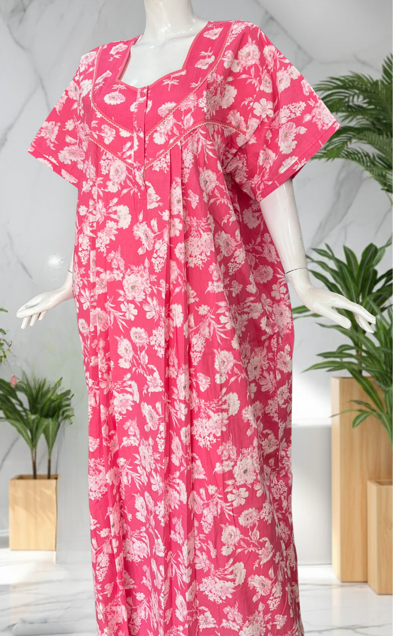 Pink Floral Pure Cotton Nighty. Pure Durable Cotton | Laces and Frills