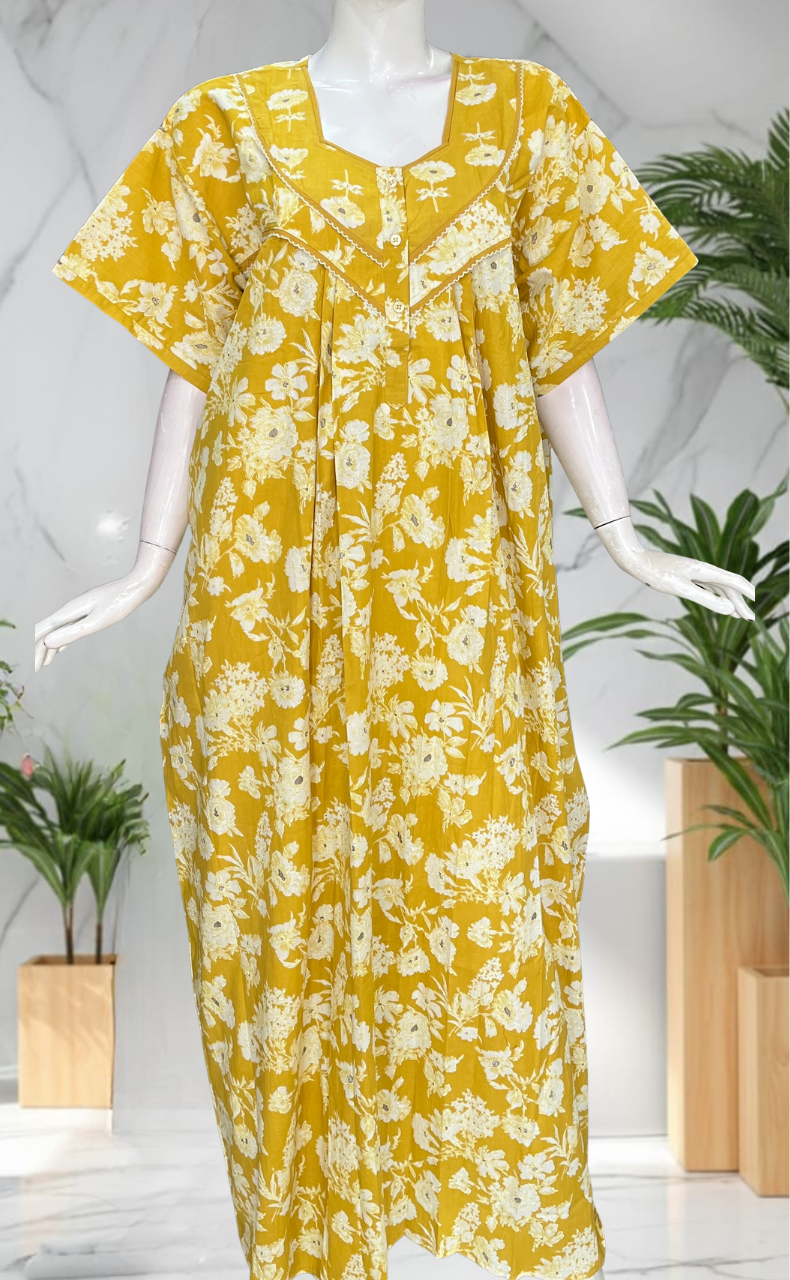 Yellow Floral Pure Cotton Nighty. Pure Durable Cotton | Laces and Frills