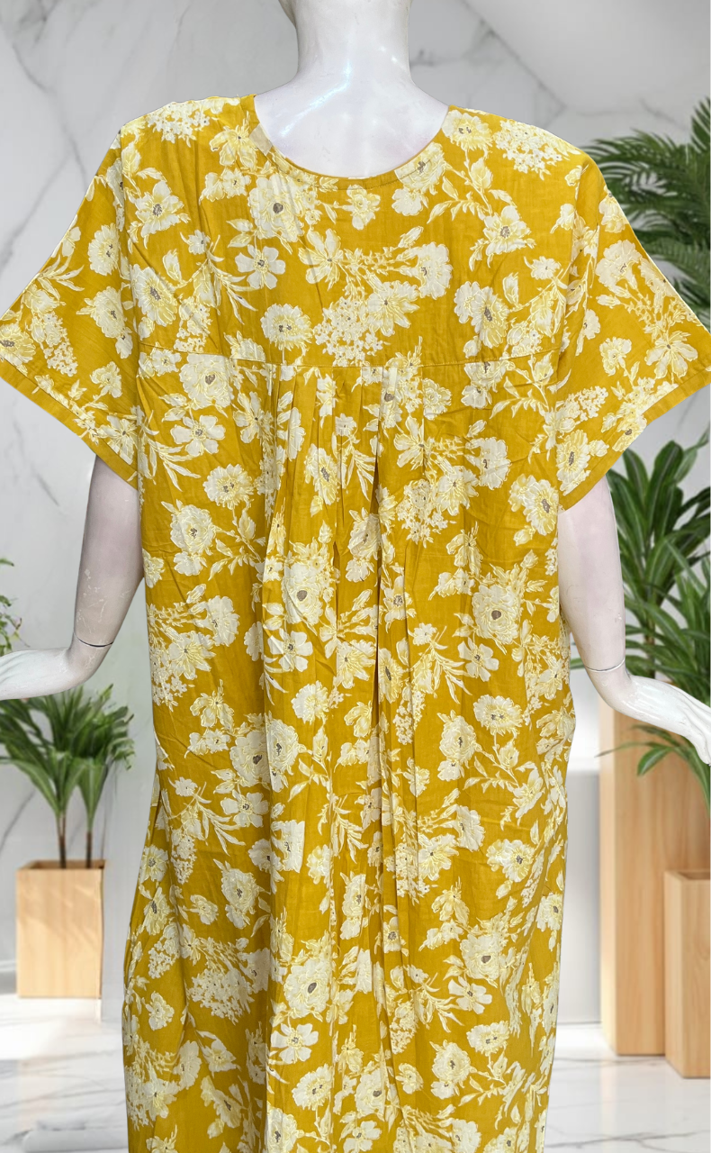 Yellow Floral Pure Cotton Nighty. Pure Durable Cotton | Laces and Frills