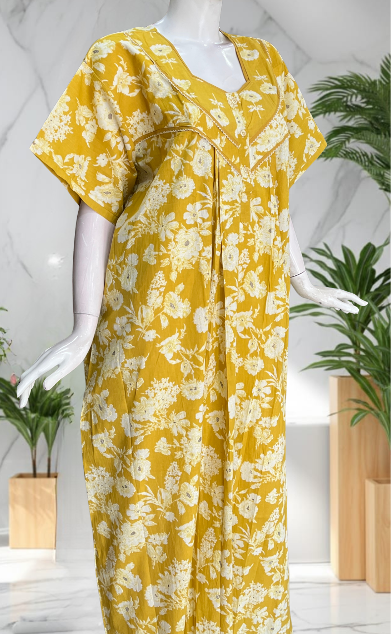 Yellow Floral Pure Cotton Nighty. Pure Durable Cotton | Laces and Frills