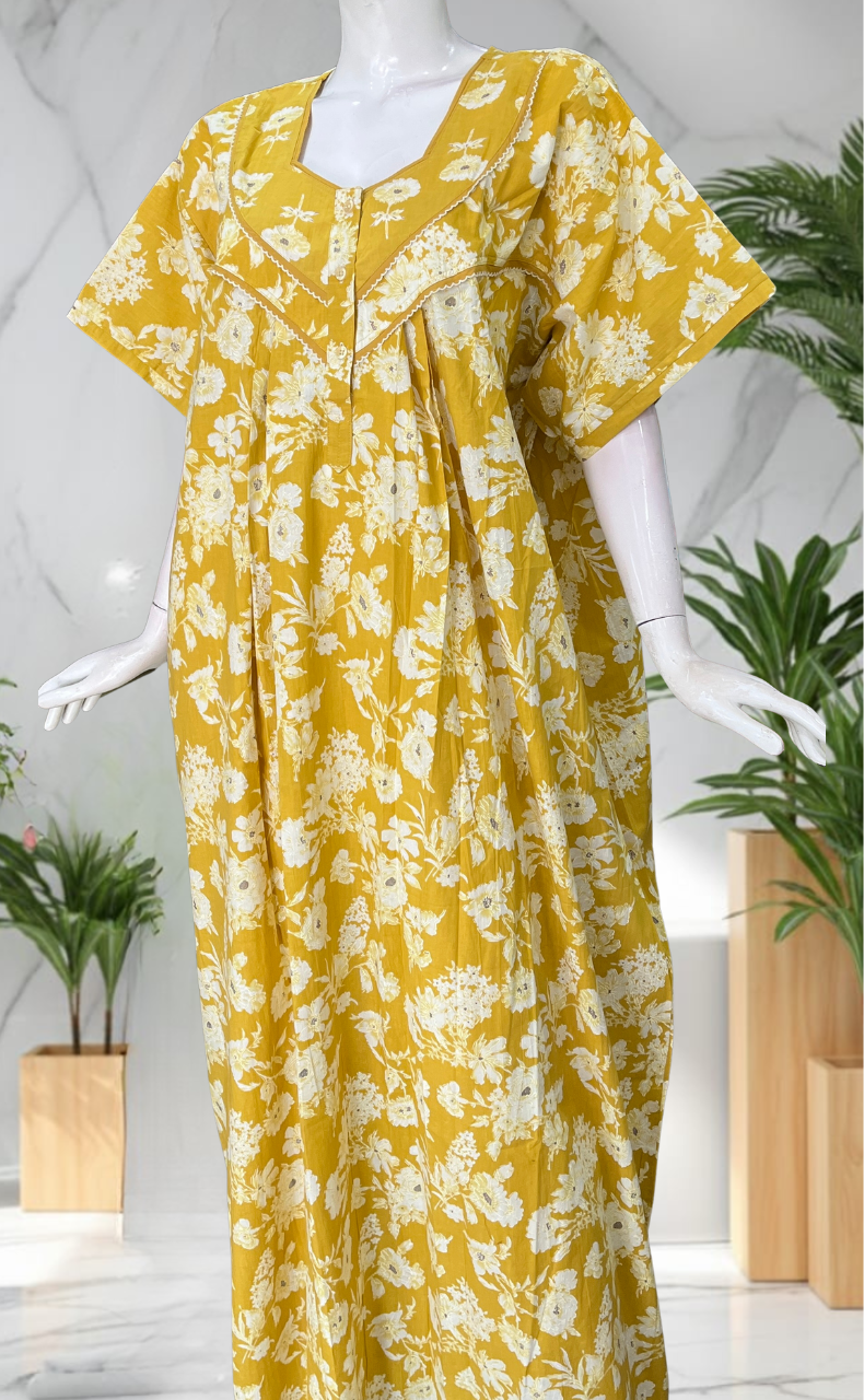 Yellow Floral Pure Cotton Nighty. Pure Durable Cotton | Laces and Frills