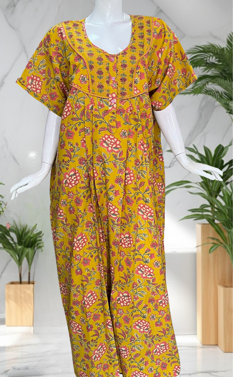 Yellow Garden Pure Cotton Nighty. Pure Durable Cotton | Laces and Frills