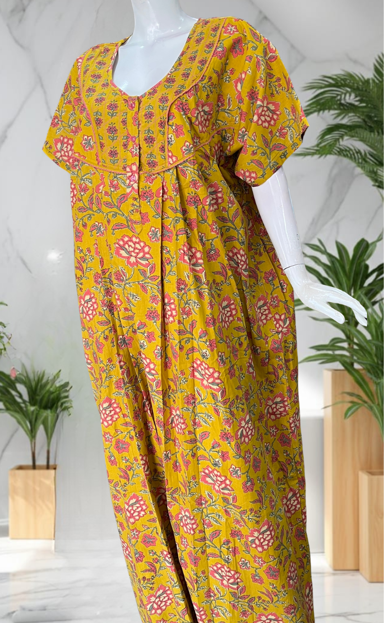 Yellow Garden Pure Cotton Nighty. Pure Durable Cotton | Laces and Frills