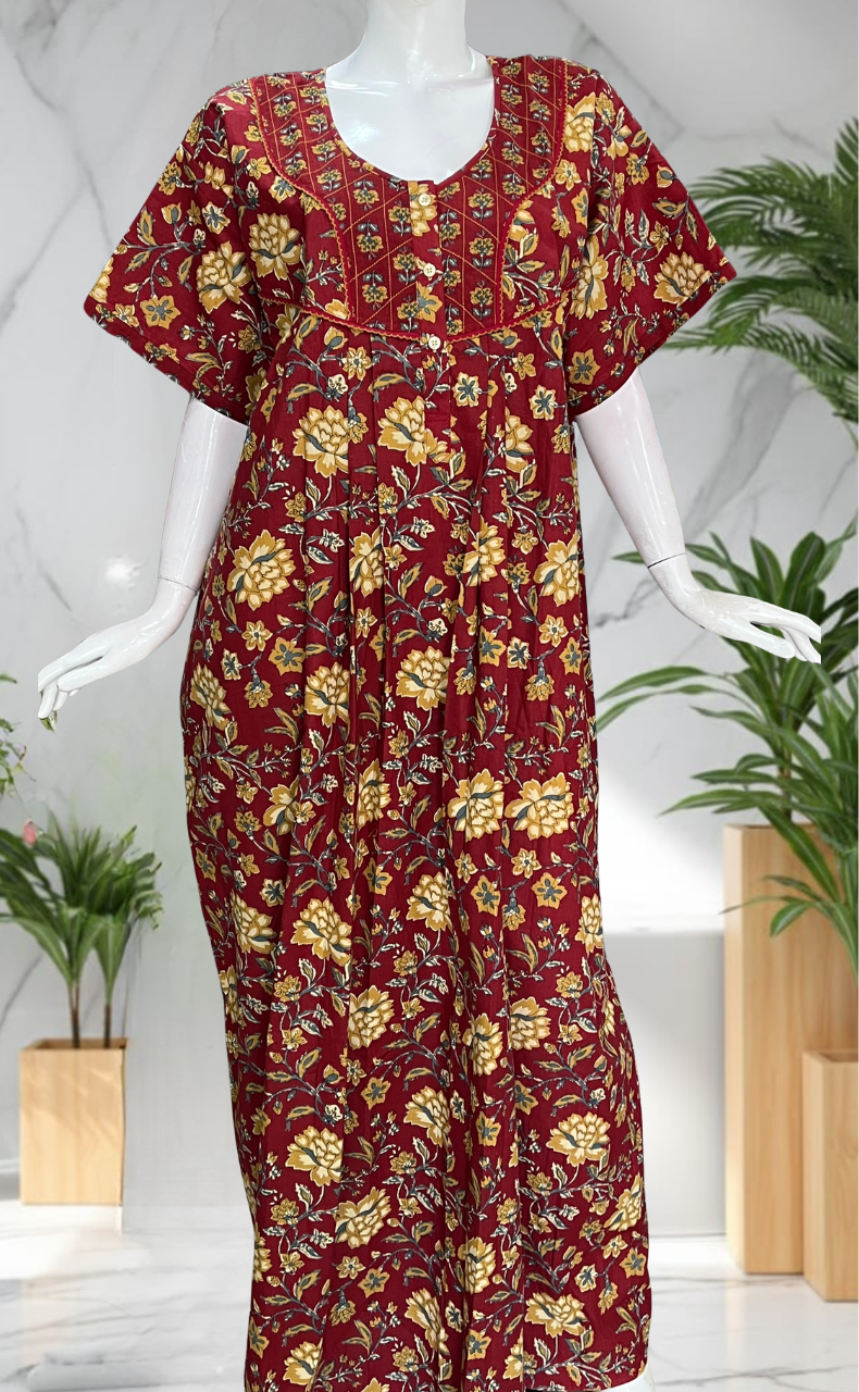 Maroon Garden Pure Cotton Nighty. Pure Durable Cotton | Laces and Frills