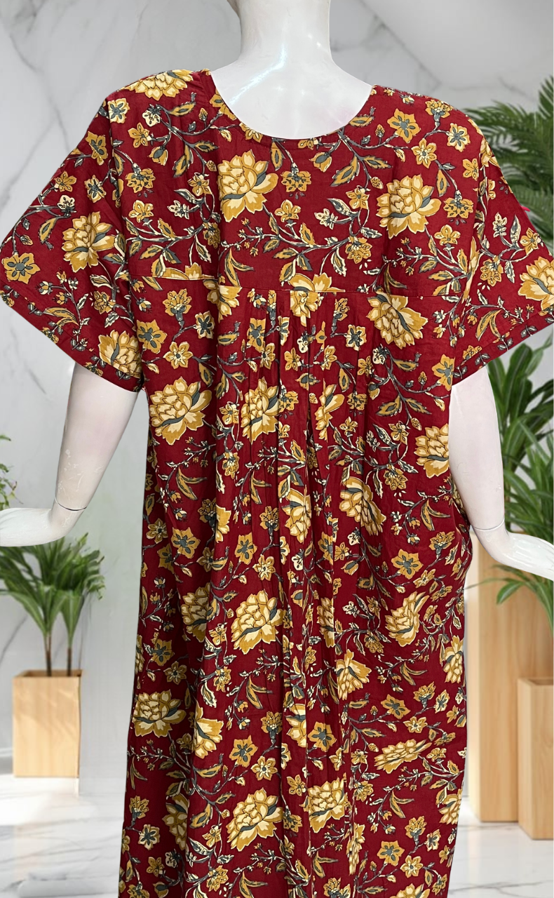 Maroon Garden Pure Cotton Nighty. Pure Durable Cotton | Laces and Frills