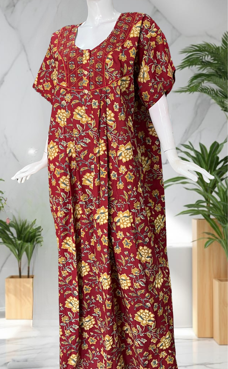 Maroon Garden Pure Cotton Nighty. Pure Durable Cotton | Laces and Frills