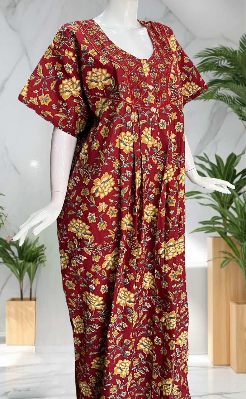 Maroon Garden Pure Cotton Nighty. Pure Durable Cotton | Laces and Frills