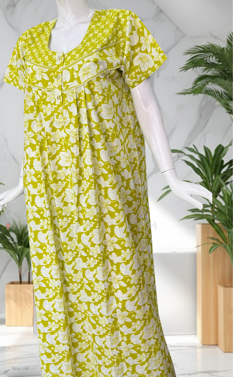 Lime Green Garden Pure Cotton Nighty. Pure Durable Cotton | Laces and Frills