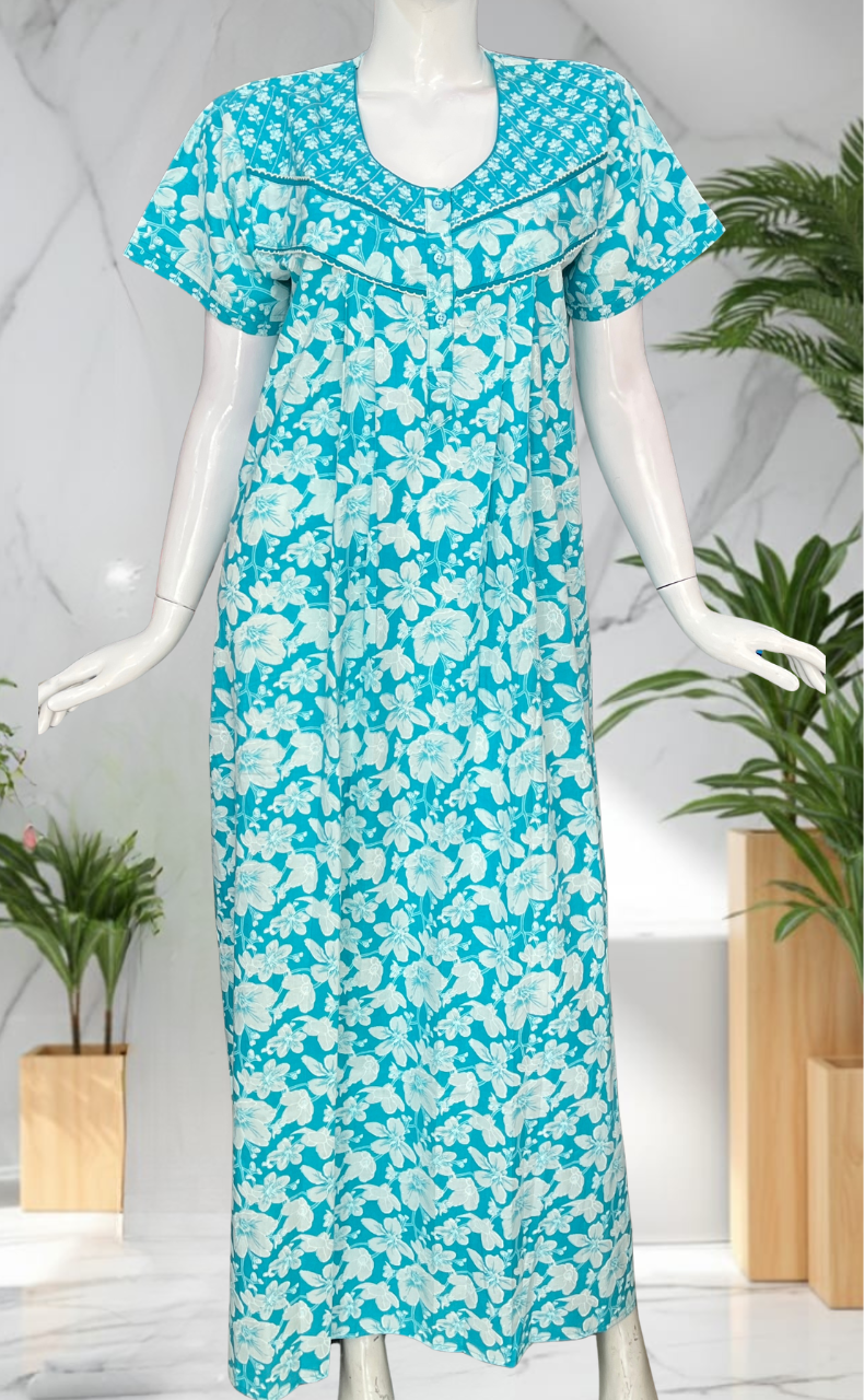 Sea Green Garden Pure Cotton Nighty. Pure Durable Cotton | Laces and Frills