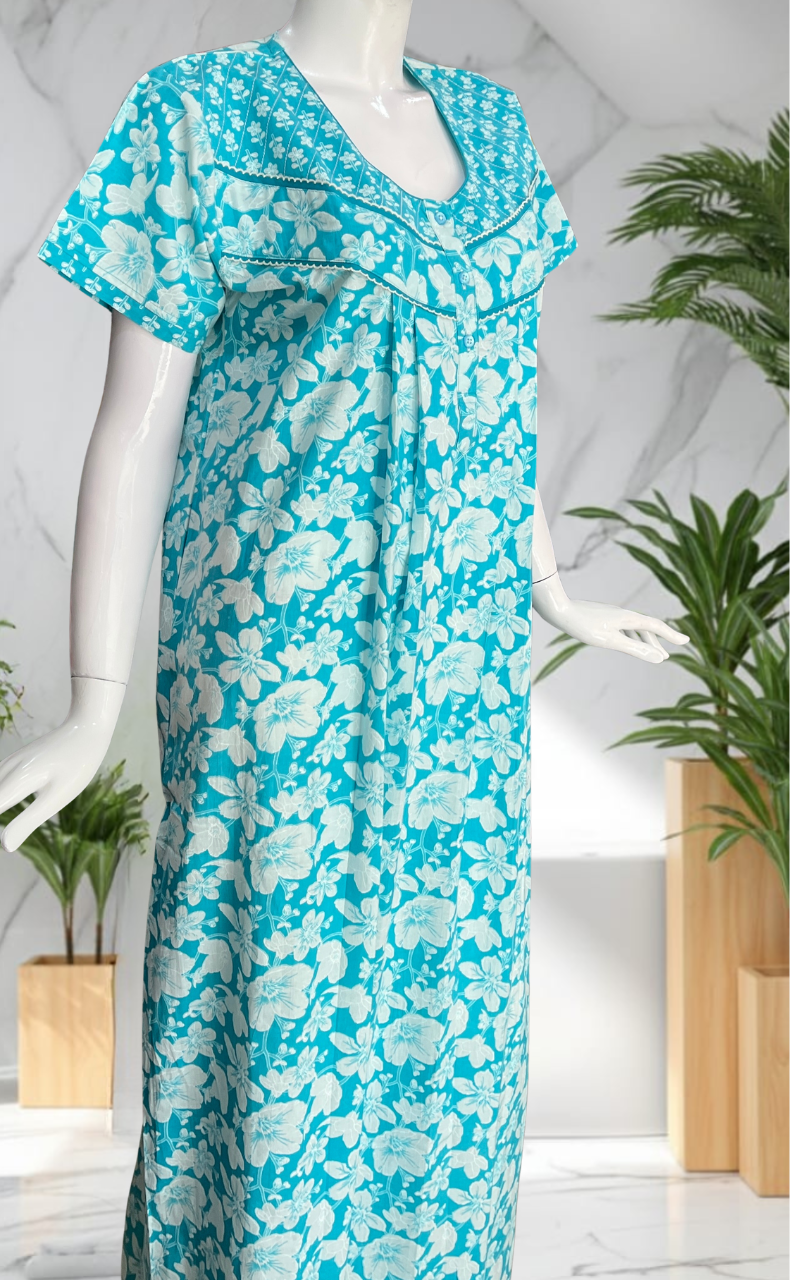 Sea Green Garden Pure Cotton Nighty. Pure Durable Cotton | Laces and Frills