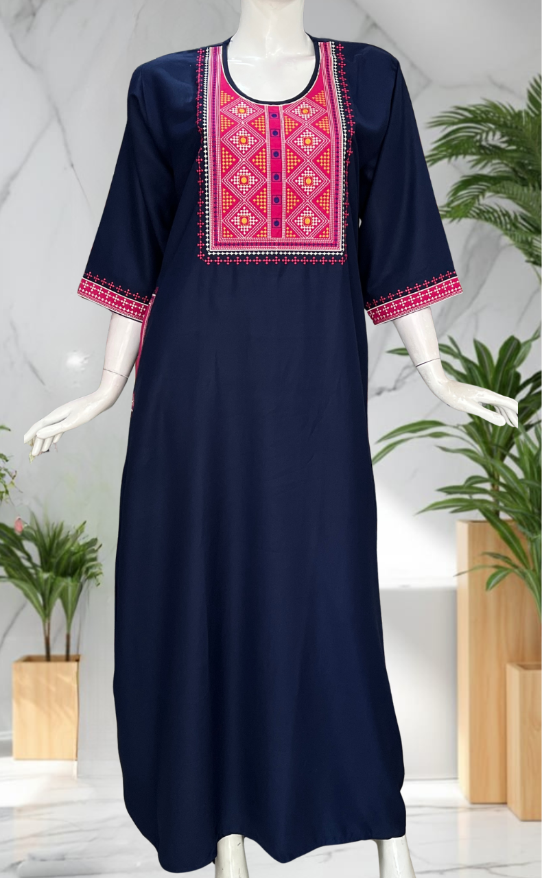 Navy Blue Embroidery Spun Long Sleeves Nighty. Flowy Spun Fabric | Laces and Frills
