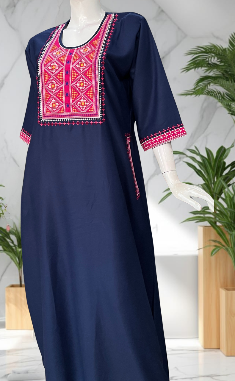 Navy Blue Embroidery Spun Long Sleeves Nighty. Flowy Spun Fabric | Laces and Frills