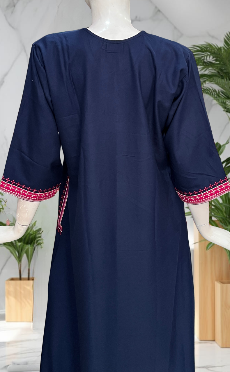 Navy Blue Embroidery Spun Long Sleeves Nighty. Flowy Spun Fabric | Laces and Frills