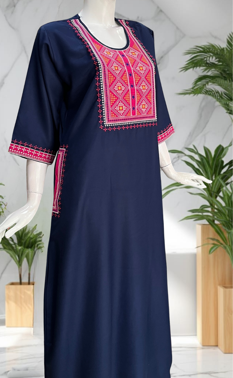 Navy Blue Embroidery Spun Long Sleeves Nighty. Flowy Spun Fabric | Laces and Frills