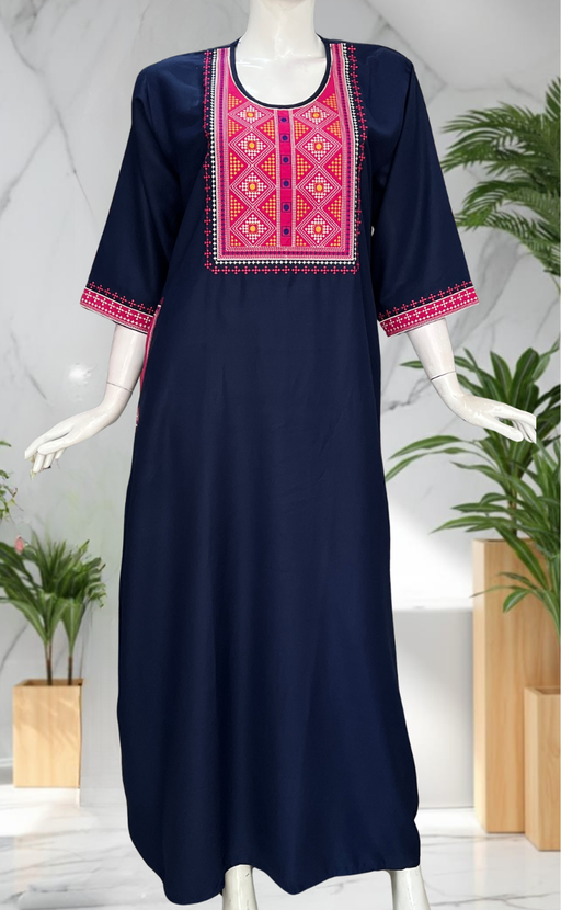 Navy Blue Embroidery Spun Long Sleeves Nighty. Flowy Spun Fabric | Laces and Frills - Laces and Frills