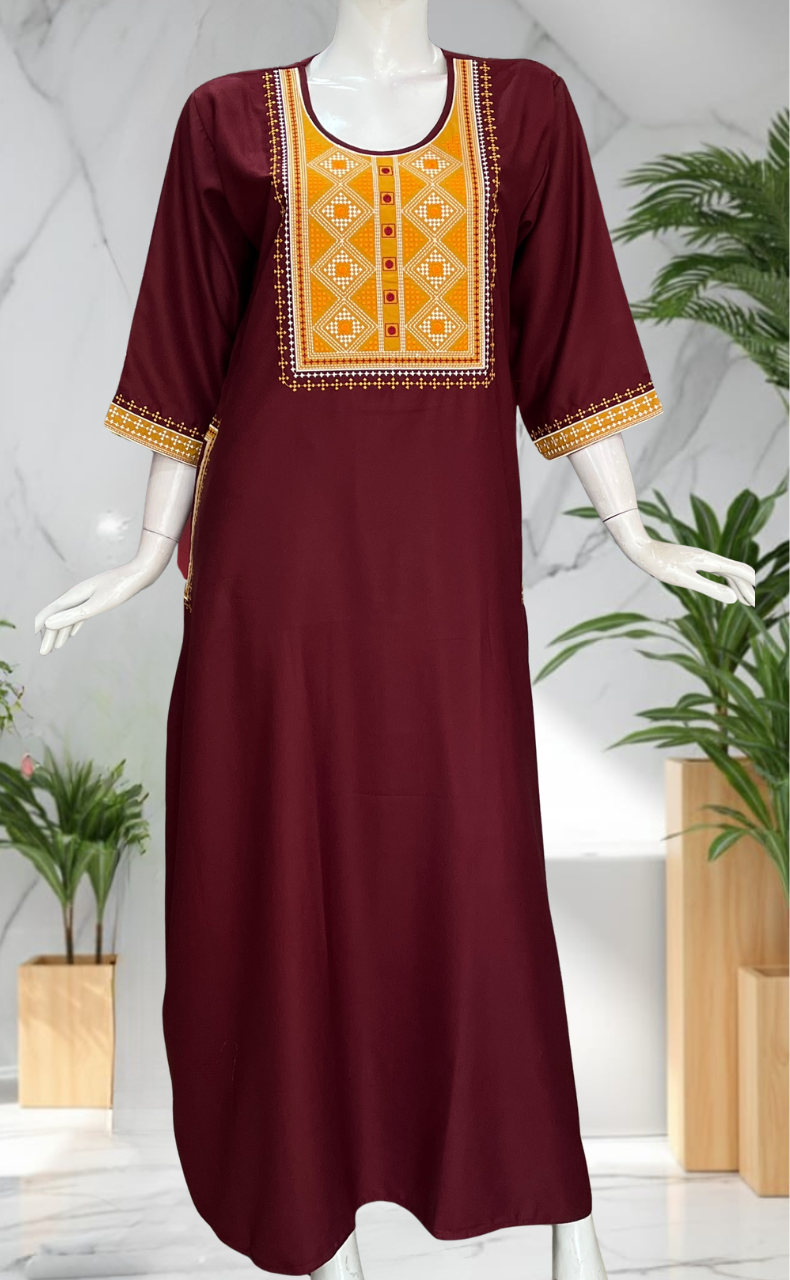 Maroon Embroidery Spun Long Sleeves Nighty. Flowy Spun Fabric | Laces and Frills