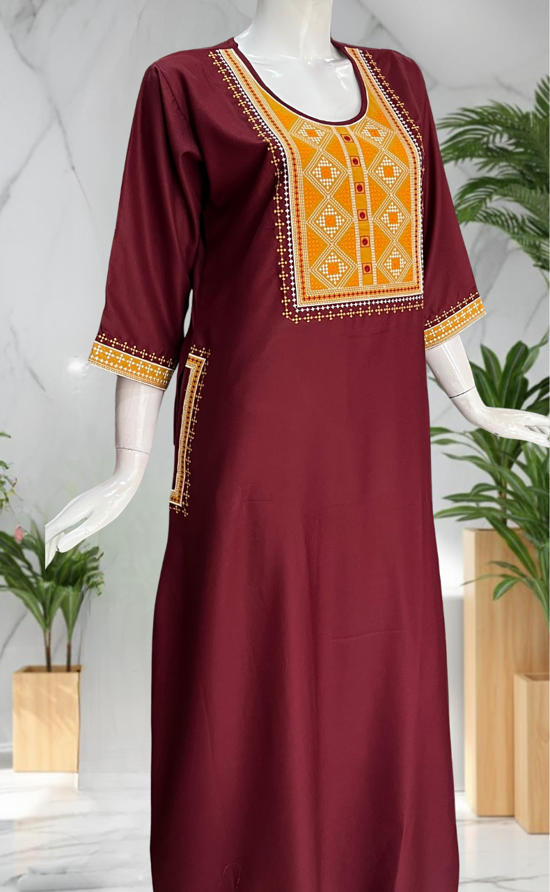 Maroon Embroidery Spun Long Sleeves Nighty. Flowy Spun Fabric | Laces and Frills